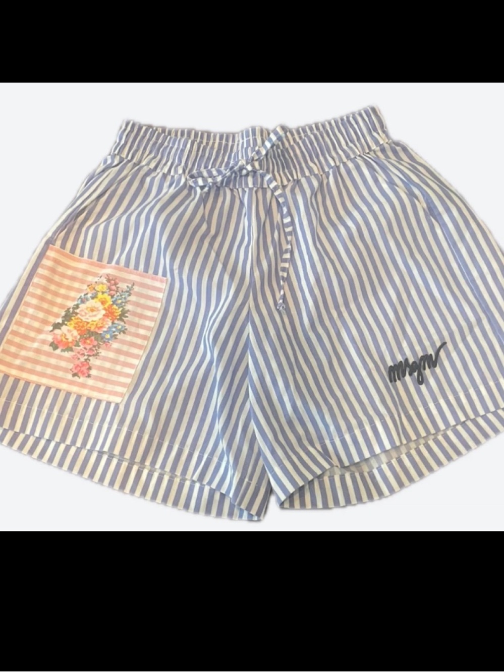 MSGM Blue and White Striped Kids' Shorts with Floral Patch